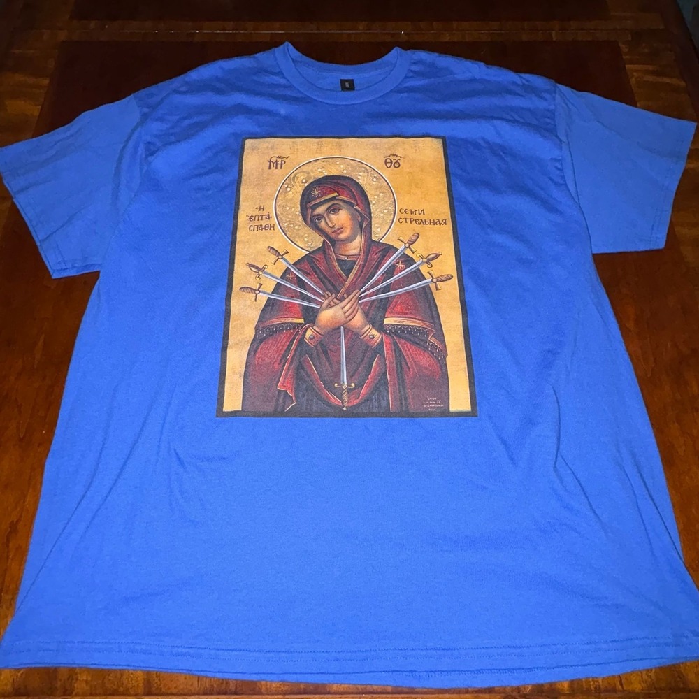 Virgin‎ Mary Sacred Heart Graphic Tee Blue Religious Icon Shirt 2XL